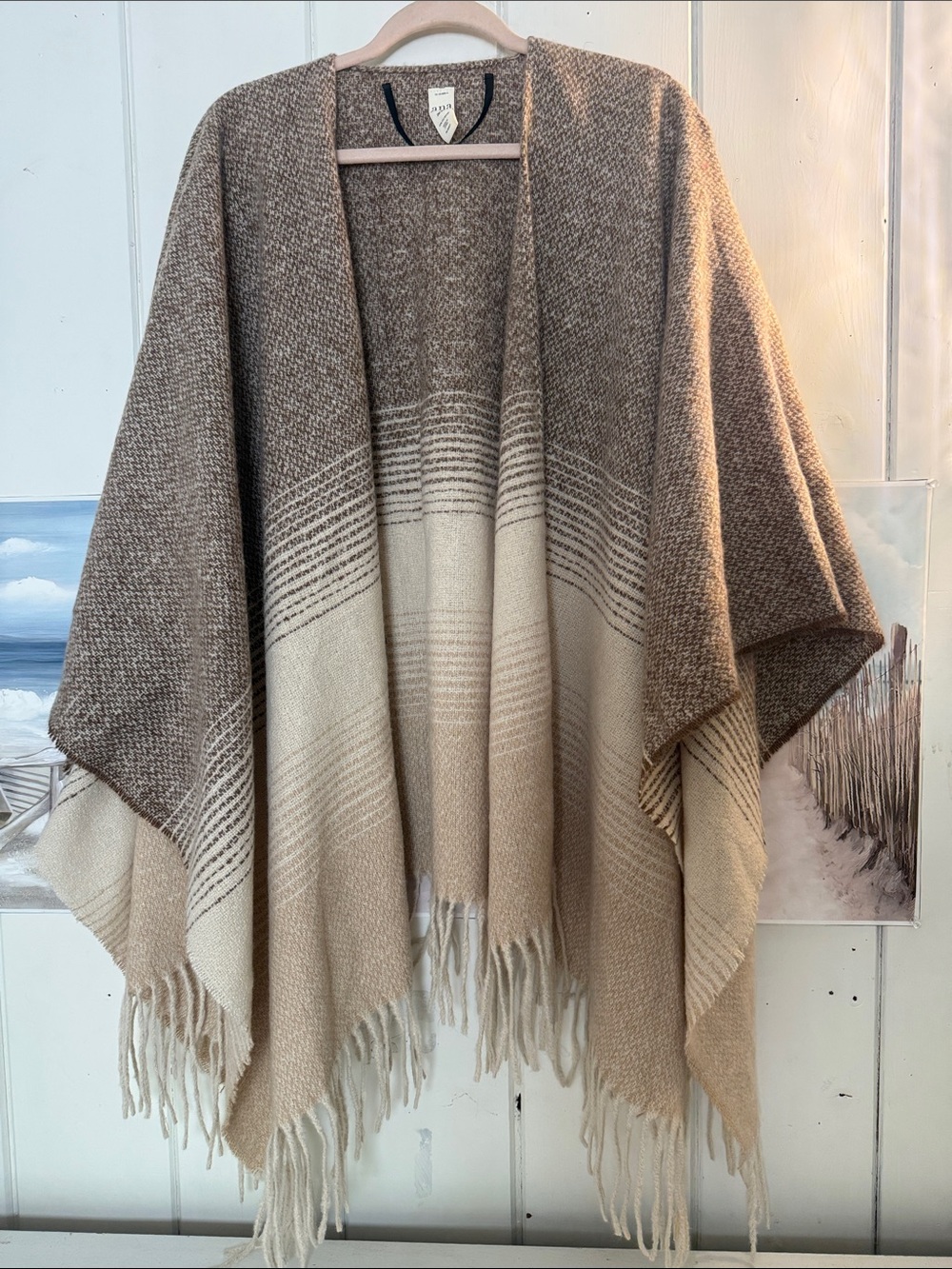 a.n.a Taupe and Cream Fringe Poncho Shawl